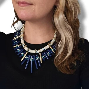 Zara Statement Halskette Kletterkordel SCHWER blau Metall Latzstangen & Spikes - Bild 1 von 7