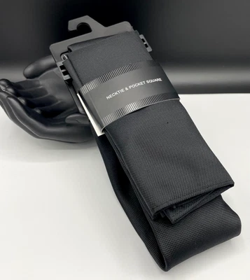 Corbata de poliéster ALFANI para hombre + cuadrado de bolsillo ~ negra ~ sólida ~ NUEVA PRECIO DE VENTA SUGERIDO POR EL FABRICANTE: $55. Foto 1 de 3