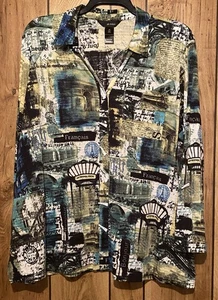 NWT ALI MILES 2X Teal Paris France Cityscape V-Neck Roll Tab Blouse Shirt Tunic - Picture 1 of 6