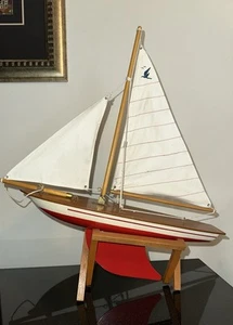 Wooden Pond Yacht Red Sail Boat 17 in. Scratch Built Vintage Antique - Picture 1 of 15