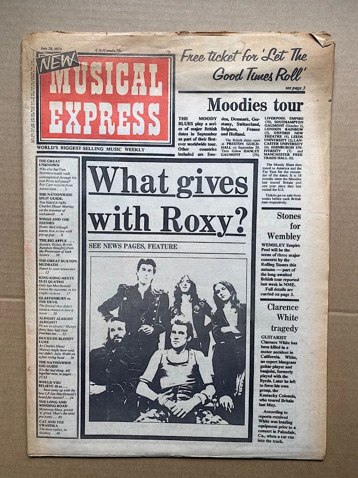 ROXY MUSIC NME MAGAZINE JULY 28 1973 - ROXY MUSIC COVER + FEATURE INSIDE (COVER  - Image 1 of 2