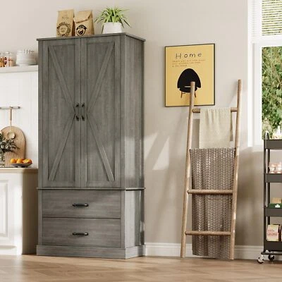 Gabinete de despensa de cocina, gabinete de almacenamiento alto de granja con puertas de granero, cajones Foto 1 de 4