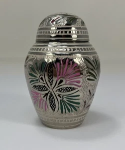 Gitter Blumen Andenken Mini Metall Urne für Haustier Asche Silber Weiß Rosa - Bild 1 von 9