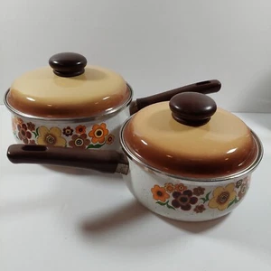 Vintage 1970s Harvest Blossom Cooking Pots 2 Qt 1 Qt Enamel Cookware - Picture 1 of 19