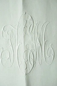 Vintage Pair Linen Bedspreads, 1920's Hand Embroidered Monogram " ICM " - Picture 1 of 7