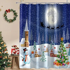 Blue Santa Claus Snowman Christmas Shower Curtain Kids Xmas Theme 72x72 inch - Picture 1 of 6
