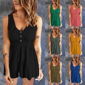 Womens Summer Mini Playsuit Romper Ladies Button Down Holiday Beach Jumpsuit