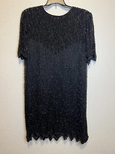 Vintage Laurence Kazar Black Embellished Beaded Silk Party Dress 2XL - Picture 1 of 11