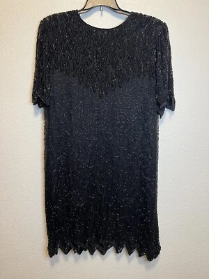 Vintage Laurence Kazar Black Embellished Beaded Silk Party Dress 2XL - Image 1 of 4
