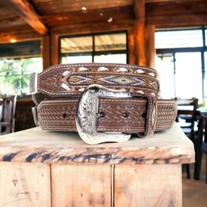 Nocona Mens Western Brown Leather Embossed Braided Belt Size 42 Conchos Inlay - Picture 1 of 12