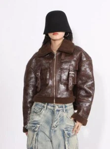 Women's Chic Faux Leather Fur Lining Motorcycle Jacket Coat Short Overcoat - Picture 1 of 14