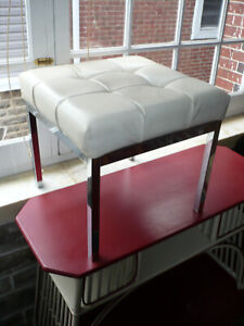 Mid-century Modern tufted white leather and chrome ottoman