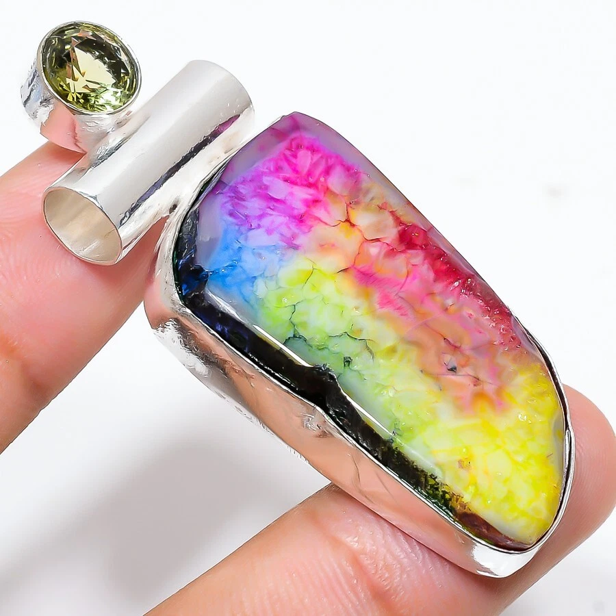 Rainbow Sollar Qartz Gemstone 925 Sterling Silver Jewelry Pendant Size 2.1" - Image 1 of 1