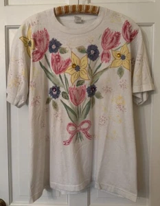 Vtg Hand Painted Floral Embellished Art T-shirt Grandmacore Cottagecore M L XL - Picture 1 of 5