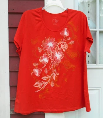 JMS Size 3X Orange Shimmery Floral Short Sleeved Scoop Neck Cotton Tee - Image 1 of 3