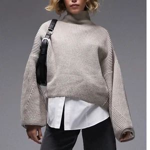 Topshop Boxy Knit High Neck Drop Shoulder Sweater Wool Blend Oat New Womens 12 L - Picture 1 of 9