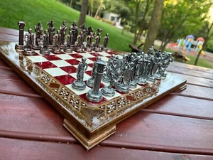 Ancient Roman Antique Copper Chess Pieces & Solid Walnut Wooden Chessboard - Picture 1 of 8