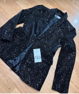 NEW ZARA AW23 ZW COLLECTION SEQUINNED VELVET BLAZER REF 9433/976 SIZE S - Picture 1 of 9