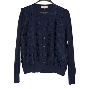 NWT LOFT Women's Navy Blue Cutout Lined Lace Cardigan Sweater Size M Orig $56 - Picture 1 of 6