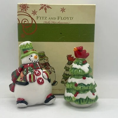 Fitz & Floyd Salt Pepper Shakers Snowman Christmas Tree Cardinal HOLLY HAT - Image 1 of 4