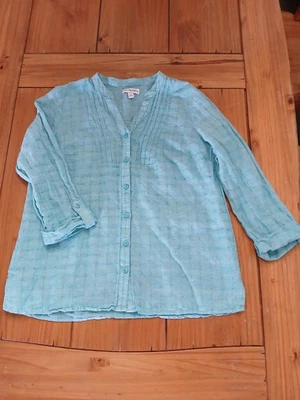 Kim Rogers Blue Linen Blend Top M Cottage Coastal Beach Prairie Peasant Boho - Image 1 of 4