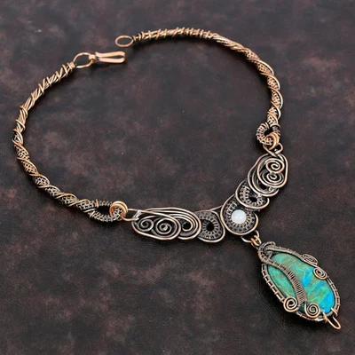 Collar de cobre natural crisocola arco iris piedra lunar cadena alambre envuelto joyería Foto 1 de 4