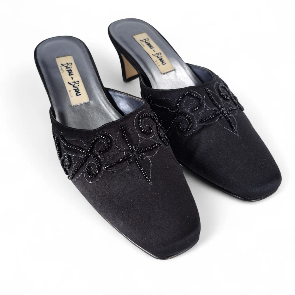 Vintage Y2K Bisou Bisou Black Beaded Kitten Heel Mules Slip-On Evening Shoes 7.5 - Image 1 of 4
