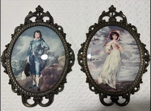 Vintage Kunst Messing Oval Rahmen Konvex Glas Blau Junge Rosa Pinky Mädchen Italien 17x12" - Bild 1 von 10