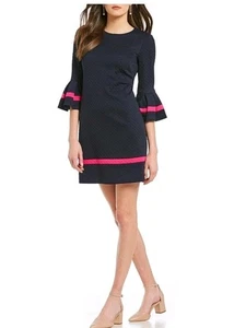 ELIZA J Bell Sleeve Fit & Flare Dark Navy & Pink Textured Dress 16 - Picture 1 of 13