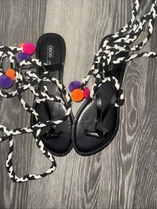 Asos Leather Gladiator Sandals Size 5 Laces Long Rope Tassels Flat - Picture 1 of 10