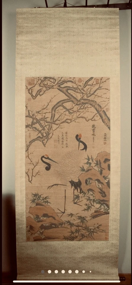 Pergamino colgante chino vintage que representa grúas y pino Attr. Qi Baishi Foto 1 de 4
