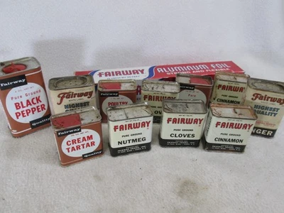 Vintage Fairway Foods lot of 11 Spice tins & aluminum foil roll - Image 1 of 4
