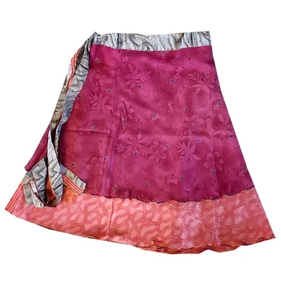 Knee Length Wrap Around Silk Sari Bohemian Skirt L-20" - Image 1 of 2