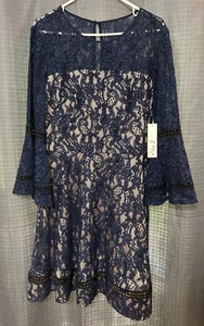 NWT ELIZA J NAVY LACE OVER TAN Size 12 FIT & FLARE LONG SLEEVE BELL DRESS - Picture 1 of 17