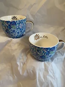 Set 2 tazze da tè caffè grandi Lily Pulitzer blu floreale 12 oz bordo oro bianco - Foto 1 di 7