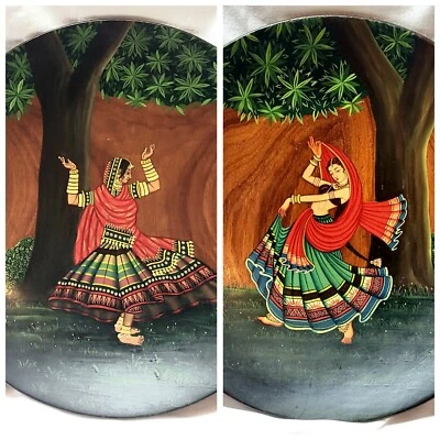 2 pratos de tigela de madeira pintados à mão artesanal arte dança senhora indiana colorida 10,75"  - Imagem 1 de 4