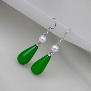 Jade Water Drop Earrings Jewelry Green Energy Natural Women 925 Silver - Picture 1 of 6