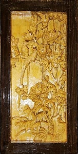 Antique Chinese Hand-Carved Wood Relief Board Panel Gold Gilt Bird Animal Flower - Picture 1 of 9