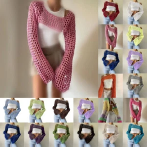 Ladies Long Sleeve T Shirts Crochet Knit Summer Beach Cover Up Cape Crop Tops UK - Picture 1 of 27