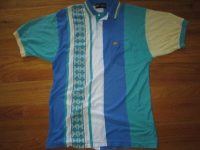 JACK NICKLAUS Vtg 90s diamond VERTICAL Stripe GOLDEN BEAR Golf Polo t shirt L - Image 1 of 4