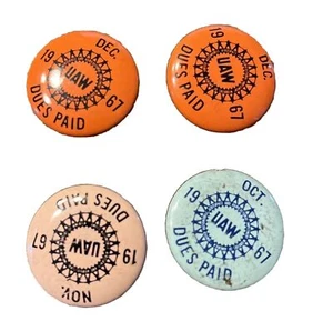 Konvolut 4 Vintage Pin-Back Buttons UAW 1967 Beiträge bezahlt Oktober November Dezember - Bild 1 von 10