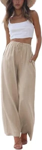 Women's Cotton Linen Summer Palazzo Pants Flowy Wide Leg Beach Trousers with Poc - Picture 1 of 3