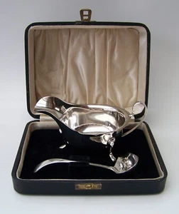 1960 & 1964 STERLING SILVER CASED SAUCE GRAVY BOAT & LADLE. EDWARD VINER - Picture 1 of 24