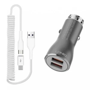 CAR CHARGER 36W FAST 2-PORT USB COILED CABLE TYPE-C QUICK CHARGE DC for TABLETS - Picture 1 of 6