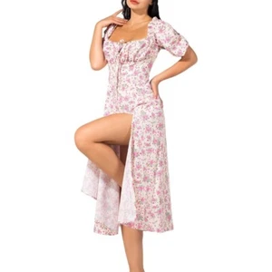 Boho Cottagecore Dress Wrap Floral Vintage Square Neck Ruffle Hem Split Size M - Picture 1 of 9