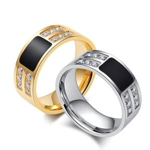 8mm Men's Black Enamel Titanium Steel Ring Wedding CZ Silver/Gold Band Size 7-13 - Picture 1 of 11