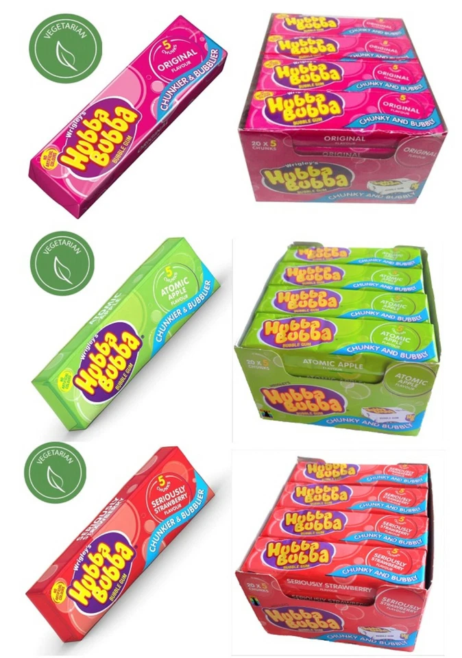 Hubba Bubba ORIGINAL - ATOMIC APPLE - SERIOUSLY STRAWBERRY Bubblegum VEGETARIAN - Image 1 of 4