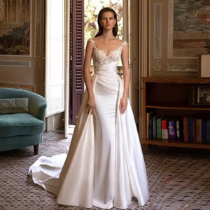 Luxury Mermaid Wedding Dress O-Neck Detachable Train Satin Applique Bridal Gowns - Picture 1 of 9
