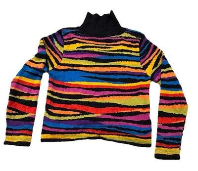 复古 80 年代 90 年代拼色条纹毛衣模拟领彩虹针织 L 码 — 第 1/4 张图片