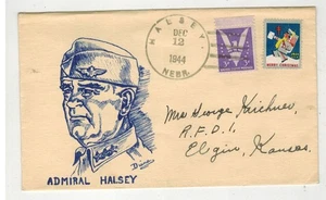 WW2 Patriotic 1944 ADMIRAL HALSEY NEBRASKA HAND CANCEL & CHRISTMAS SEAL - Picture 1 of 1